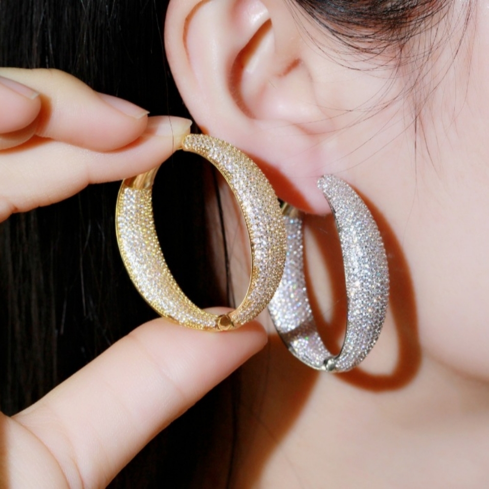 Stunning Micro-Pave Simulated Diamond In-Out Hoop Earring, 925 Sterling Post